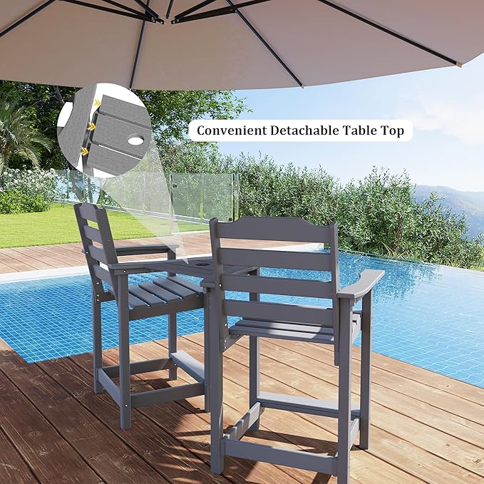 OTSUN Tall Adirondack Chairs Set of 6 with Connecting Tray, 24 inches HDPE Bar Height Outdoor Chairs, All Weather Resistant for Balcony, Porch, Kitchen (6 PCS, Grey)