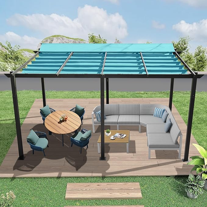 Domi Outdoor Living 11’ X 16’ Outdoor Retractable Pergola with Weather-Resistant Canopy Aluminum Garden Pergola Patio Grill Gazebo for Courtyard (Lake Blue)