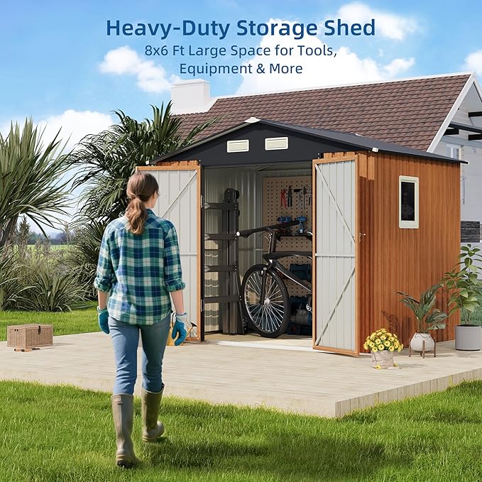 6x8FT Outdoor Storage Shed, Metal Garden Shed with Floor Base, Updated Frame Structure & Lockable Doors, Large Tool Shed for Backyard, Patio,Lawn,Utility & Bike Storage