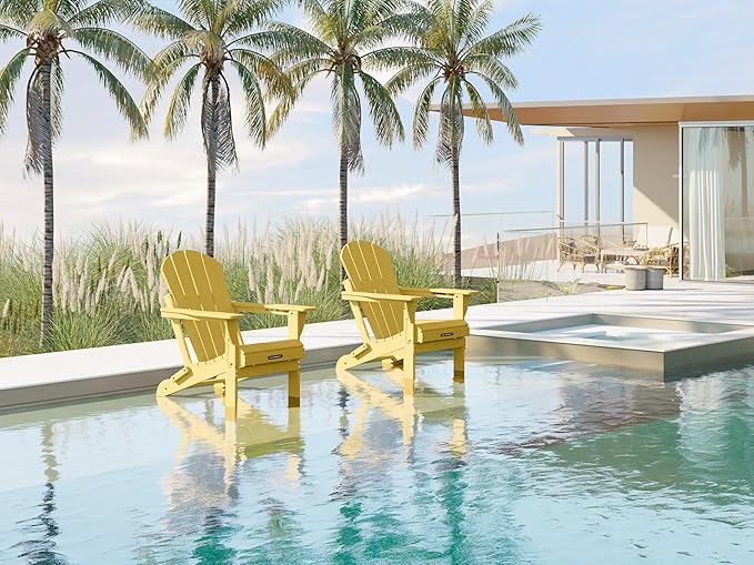 MUCHENGHY Folding Adirondack Chairs Set of 2, Patio Chairs, Lawn Chairs, Outdoor Chair, Adirondack Chair Plastic, Fire Pit, Weather Resistant with Cup Holder for Deck, Backyard, Garden(Olive Yellow)