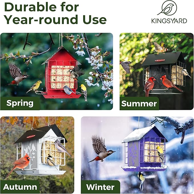Kingsyard Metal Bird Feeder for Outdoor Hanging, Wild Bird Feeder with Double Suet Cage, Weatherproof Roof and 3 lbs Large Seed Capacity, Red