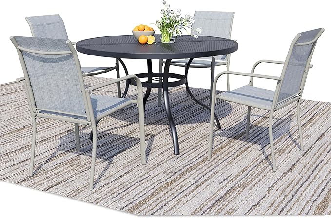 5 Pieces Round Dining Table Set for 4, Patio Dining Set Includes 4 Beige Blue Stackable Patio Chairs and 1 Black Mesh Round Table, Patio Furniture Sets with Sling Support for Outside, Garden