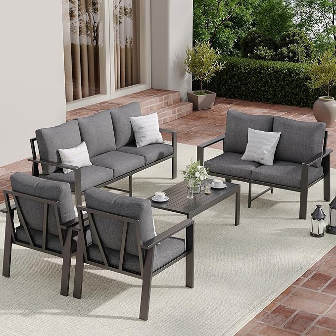 Aluminum Patio Conversation Set with Coffee Table 4PCS Deck Outdoor Furniture 7-Seat All-Weather Rust-Proof Sectional Sofa Set with Removable Cushion for Backyard, Poolside & Small Spaces