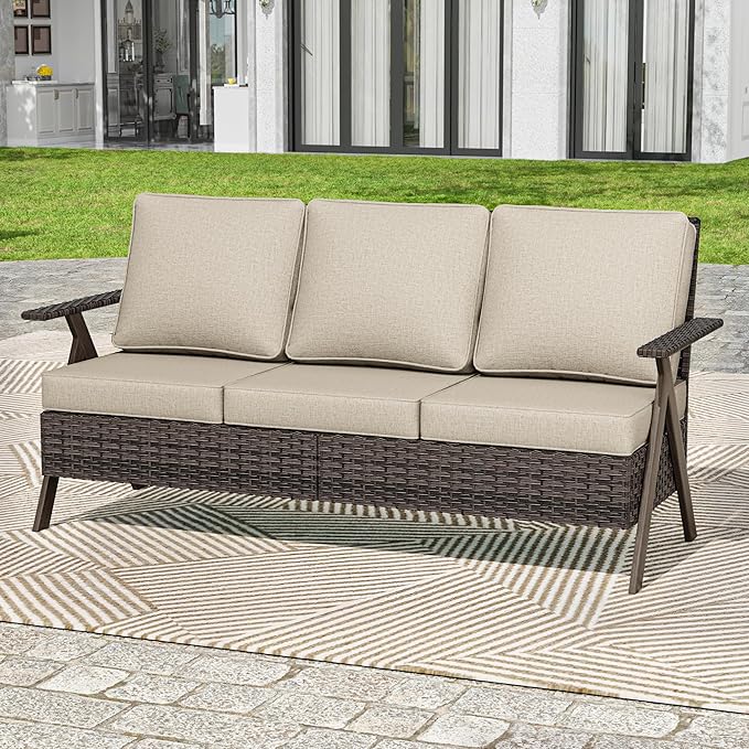Wicker Outdoor Couch, Patio Furniture Sofa, 3-Seat All Weather Metal Patio Couch with Thick and Soft Cushion, Outdoor Sofa for Balcony, Porch