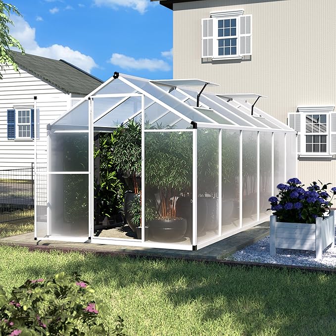 MUPATER 6 x 12FT Polycarbonate Greenhouse, Heavy Duty Greenhouse with Lockable Door & Adjustable Roof Vent, Aluminum Green-House Kit with 4MM Polycarbonate Panel for Backyard, Garden, White