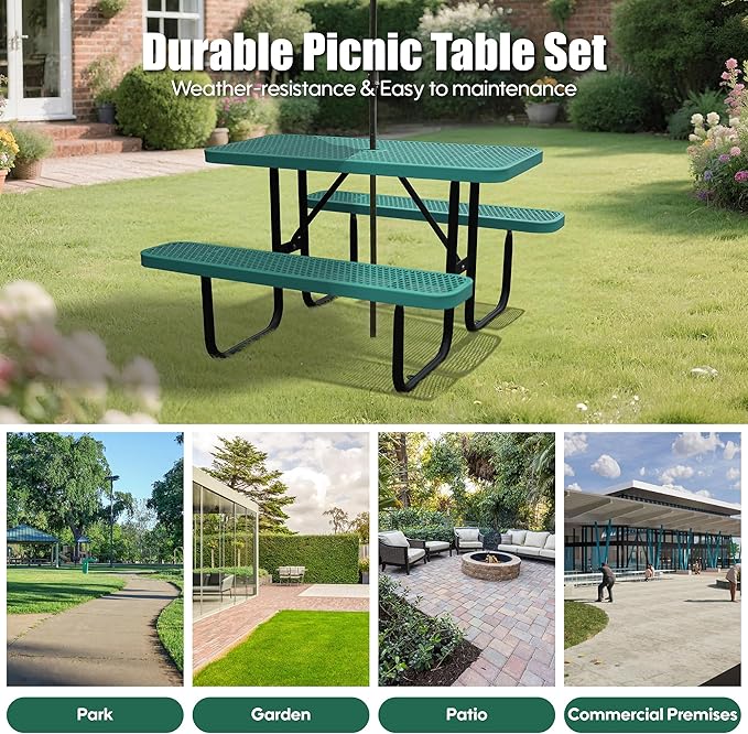 4FT Outdoor Picnic Tables,Heavy-Duty Metal Rectangular Picnic Table,Expanded Metal Commercial-Grade Table with 2 Benches & Umbrella Hole,Waterproof Coating Beach Table for Patio,Garden, Backyard