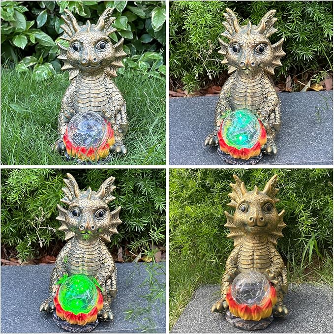 Solar Garden Statue Dragon Figurine with 7-Color Changing Solar Crackle Globe Lights- Loving Dragon for Patio,Balcony,Yard, Lawn-Unique Idea Gifts (Gray)