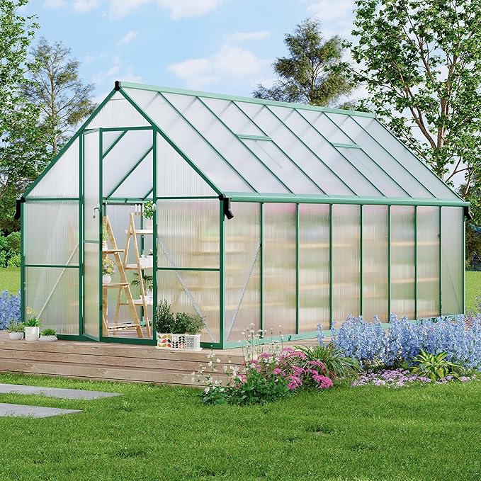 8X16 ft Polycarbonate Greenhouse with Aluminum Frame, Polycarbonate Greenhouse for Outdoors, Greenhouses with Ventilation and Rain Gutter, Aluminum Large Walk-in Greenhouses for Outside