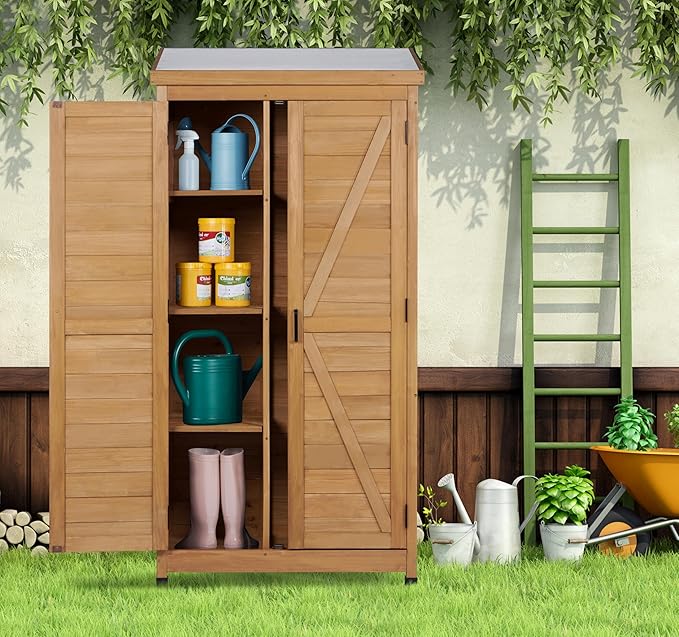 68''x33''x20'' Outdoor Wooden Storage Shed with Metal Top Tall Vertical Tool Cabinet for Backyard Garden Patio Lawn (Gold)
