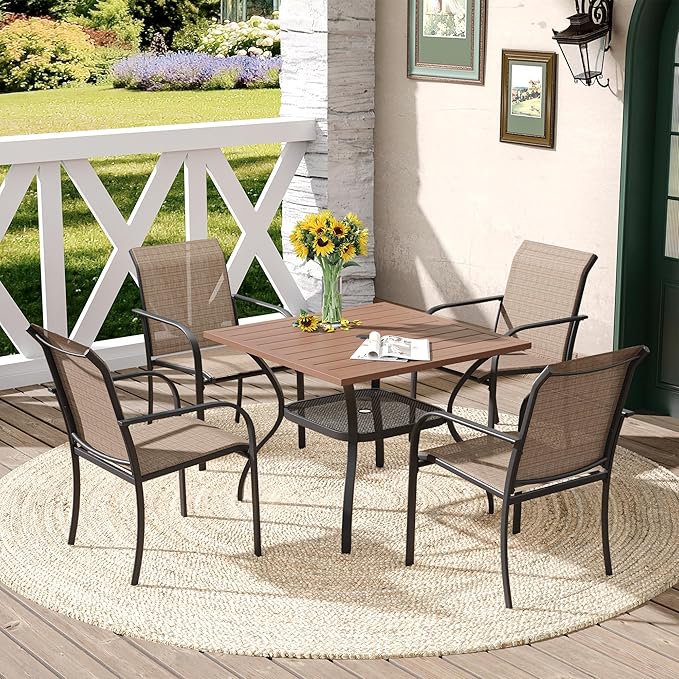 DIFY Outdoor Dining Table, Patio Square Metal Dining Table with 1.57" Umbrella Hole for 4 Person, Ideal for Poolside, Deck, Garden and Balcony, Walnut