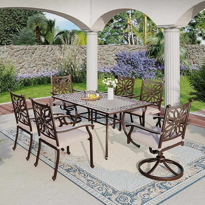 MFSTUDIO 7 Pieces Cast Aluminum Patio Dining Set with 2×Swivel & Rock Chair, 4×Extra Wide Dining Chair and 1×63" Rectangular Dining Table, Outdoor Dining Set for 6, Brown
