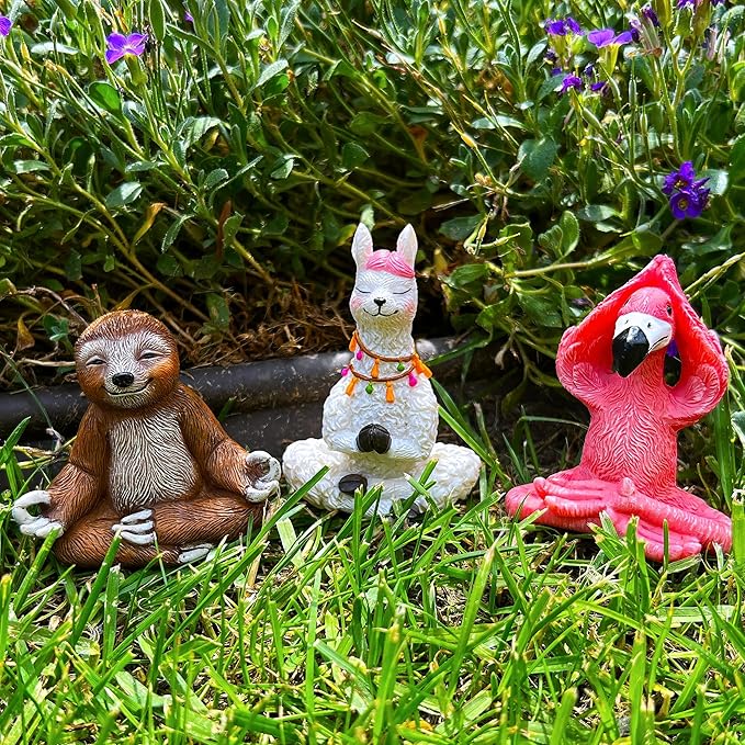 Mood Lab Miniature Yoga Figurines Set - Funny Mini Statue Kit of 3 pcs - Flamingo, Lama & Sloth in Meditation Pose - Fairy Garden Decor