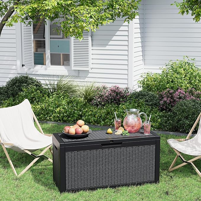 59 Gallon Outdoor Storage Deck Box Waterproof,Large Resin Storage Container for Outside,Patio Accessories for Outsid,Backyard Delivery Boxes,Lockable Lid,Rattan Black