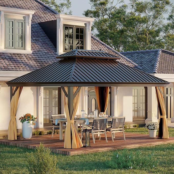 12' X 16' Hardtop Gazebo, Outdoor Galvanized Steel Double Roof Permanent Aluminum Frame Pavilion Pergola Canopy with Privacy Curtains for Garden, Patio, Backyard, Deck and Lawns.