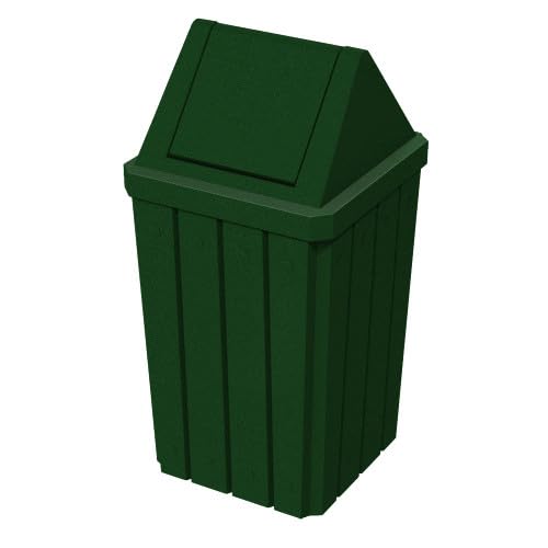 32 Gallon Square Slatted 100% Recycled Plastic Heavy Duty Outdoor Commercial Trash Can with Swing Top Lid | Great for Schools and Businesses - Green Granite