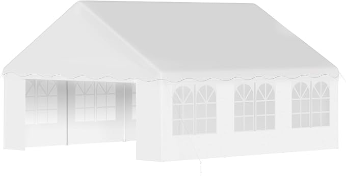 20'X20' Party Tent with Removable Sidewall Windows, Outdoor Heavy Duty Wedding Gazebo, Event Shelter Wedding Canopy Tent for Parties Carport BBQ, White & Wave Edge