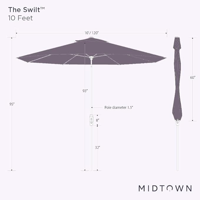 Midtown Umbrellas The Swilt 10 Feet Patio Umbrella in Sunbrella Cast Slate Acrylic Fabric - Fiberglass Ribs, Auto-Tilt Aluminum Frame For Backyard, Deck, Garden, Pool - White Pole
