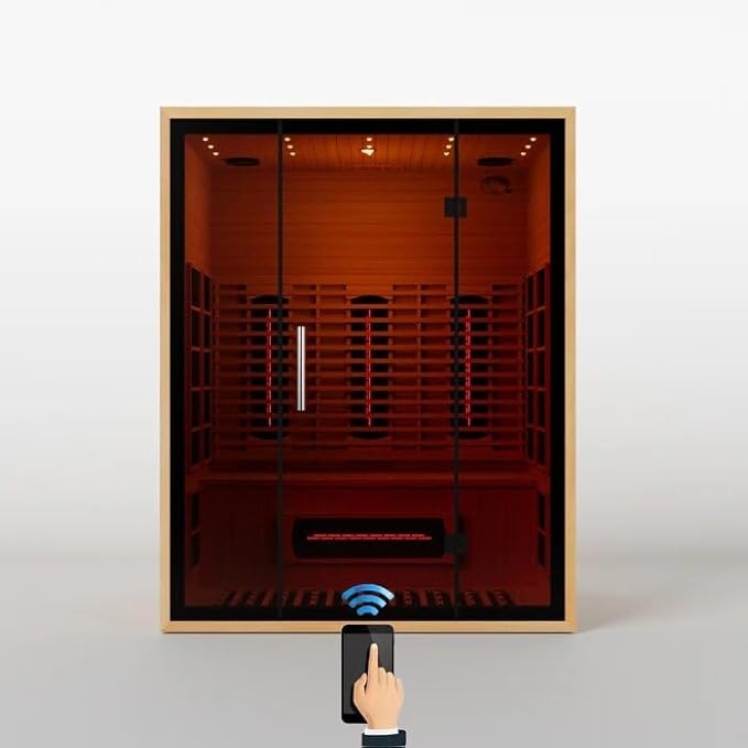 3 People Indoor Infrared Sauna, Low EMF Full Spectrum Red Heater with Carbon Heating Panels, Canadian Hemlock Wood, WiFi Control, 7-Color Starry Light, Reading Lamp, 2100W, 220V