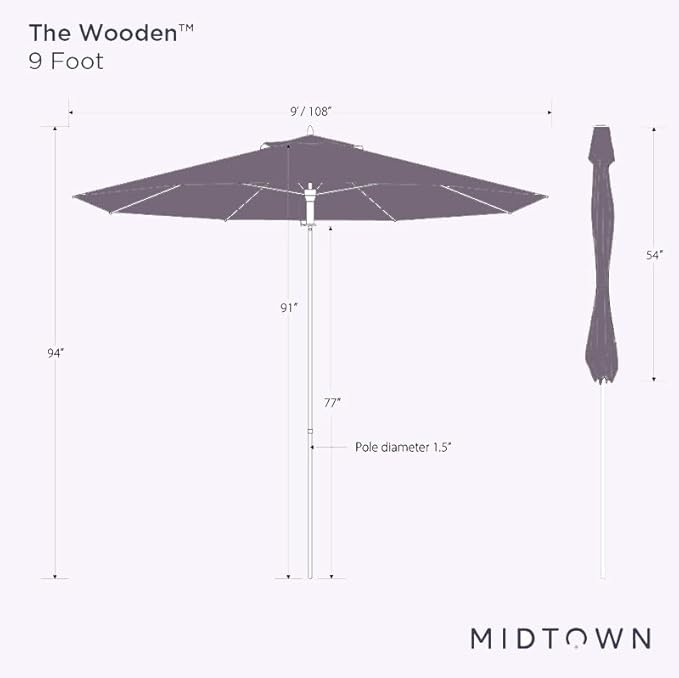 Midtown Umbrellas The Wooden 9 Feet Patio Umbrella With Sunbrella Aruba Acrylic Fabric - Aluminum Frame Market Umbrella For Backyard, Deck, Garden, Pool - Wooden Pole