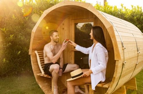 Smartmak Customized Outdoor Barrel Steam Sauna, 2-10 Person Canadian Hemlock/Red Cedar Traditional Wood Sauna Room with 220V ETL-Certified Heater, Backrest Headrest, Rocks, Light Accessories Included