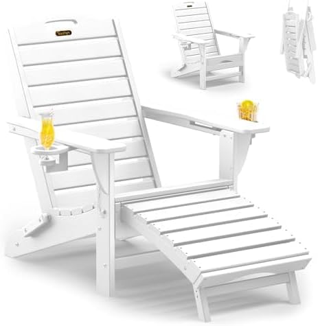 Folding Adirondack Chair with Retractable Ottoman Weather Resistant Fire Pit Chair Patio Chair with 2 Cup Holder Lawn Outdoor Lounge Chairs (White)