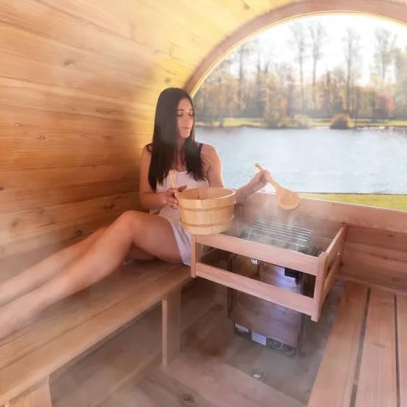 Smartmak Customized Outdoor Barrel Steam Sauna, 2-10 Person Canadian Hemlock/Red Cedar Traditional Wood Sauna Room with 220V ETL-Certified Heater, Backrest Headrest, Rocks, Light Accessories Included