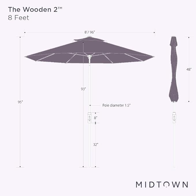Midtown Umbrellas Wooden 2-8 Feet Outdoor Patio Umbrella, Terylast Black & White Stripes Fabric, Aluminum Frame For Backyard Umbrella, Deck Umbrella, Garden Umbrella & Pool Umbrella - Wooden Pole
