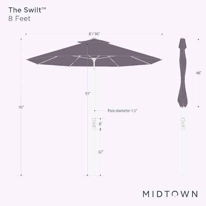 Midtown Umbrellas The Swilt 8 Feet Patio Umbrella in Sunbrella Yellow Acrylic Fabric - Fiberglass Ribs, Auto-Tilt Aluminum Frame For Backyard, Deck, Garden, Pool - White Pole