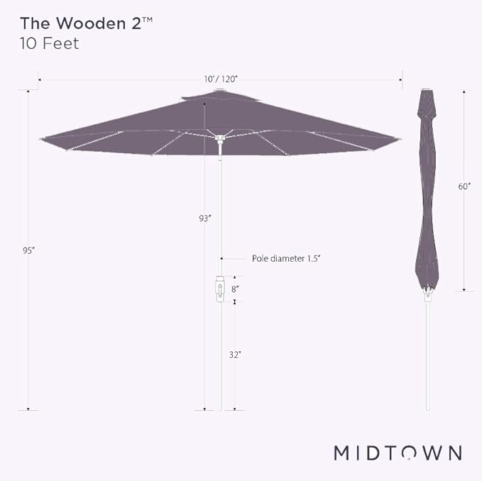 Midtown Umbrellas Sunbrella Umbrella Large Patio Umbrella 2-10 Feet in Macaw Fabric, Auto-Tilt Aluminum Frame Backyard Umbrella, Deck Umbrella, Garden Umbrella & Porch Umbrella - Wooden Pole