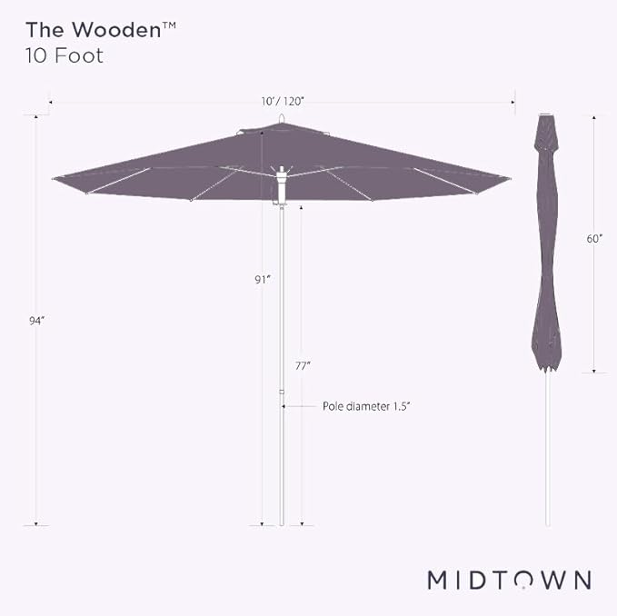 Midtown Umbrellas The Wooden 10 Feet Patio Umbrella With Sunbrella Canvas Teal Acrylic Fabric - Aluminum Frame Market Umbrella For Backyard, Deck, Garden, Pool - Wooden Pole