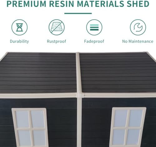 LANTRO JS Plastic Shed with Floor Included, Outdoor Plastic Shed, 4x8FT Storage Shed with Floor Included with Two Windows, Lockable Doors for Garden Tools