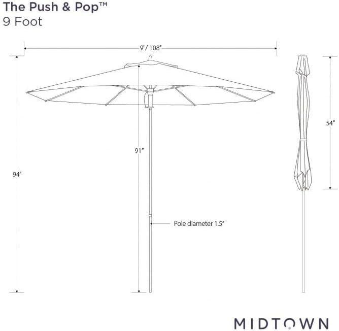 Midtown Umbrellas Push and Pop 9 Feet Outdoor Umbrella, Ebony (Black) Polyester Fabric - Fiberglass Ribs Deck Patio Umbrella, Backyard Umbrella, Garden Umbrella & Pool Umbrella - Black Pole