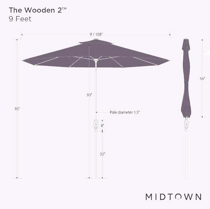 Midtown Umbrellas Wooden 2-9 Feet Outdoor Patio Umbrella, Terylast Navy & White Stripes Fabric, Aluminum Frame For Backyard Umbrella, Deck Umbrella, Garden Umbrella & Pool Umbrella - Wooden Pole