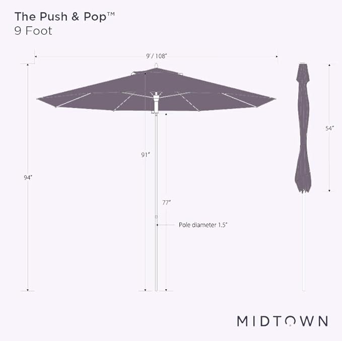Midtown Umbrellas Push Pop Sunbrella Umbrella 9 Feet Outdoor Umbrella in Burgundy Acrylic - Patio Umbrella, Backyard Umbrella, Garden Umbrella, Picnic Table Umbrella & Pool Umbrella - Black Pole