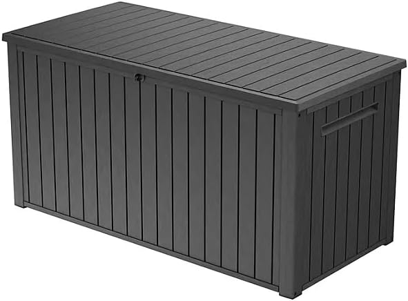 Stylish Indoor/Outdoor Storage Deck Box,Resin,Large Capacity, Weather-Resistant, Lockable lid and Side handles. (Black, 170 Gallon)