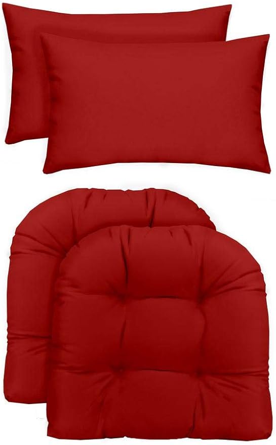 RSH DECOR: Tufted U-Shapes & Lumbars 2 of Each | 22" x 22” & 20" x 12" | Water-Resistant Spun Fabric | Outdoor Wicker Cushions & Support Pillows for Patio Furniture | Red
