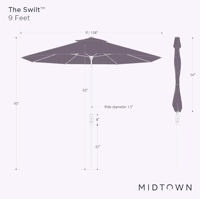 Midtown Umbrellas The Swilt 9 Feet Patio Umbrella in Sunbrella Heather Tan Acrylic Fabric - Fiberglass Ribs, Auto-Tilt Aluminum Frame For Backyard, Deck, Garden, Pool - White Pole