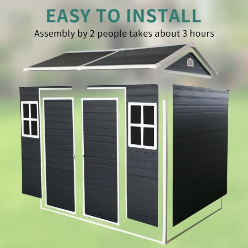 LANTRO JS Storage Shed with Floor Included, 4x8ft Outdoor Plastic Shed with 2 Windows and Lockable Door for Garden Tools, Bike