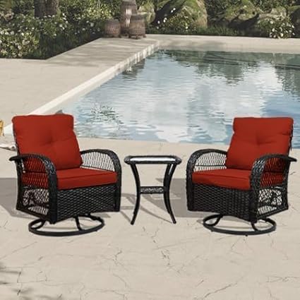 Patio Furniture Set Swivel Rocker, Outdoor Patio Chairs, 3 Piece Suit Porch Furniture Rocking Set, Backyard Rocker Rattan Chair, with Thickened Cushions and Glass Coffee Table(Wine Red)