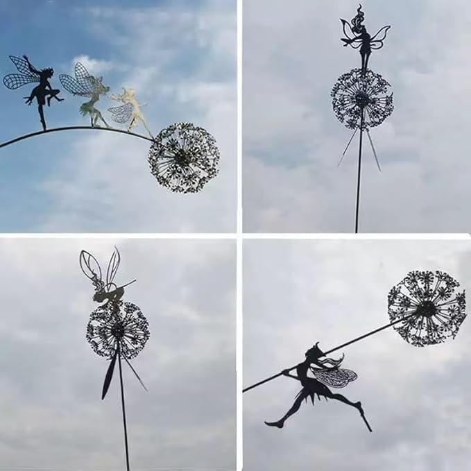 Flower Fairy Dancing with Dandelion, Art Sculpture Fairies for Fairy Garden, Angel Metal Ornaments Gardens Art Sculpture, Outdoor Decorations for The Courtyard, Christmas and Halloween Lawn (H)
