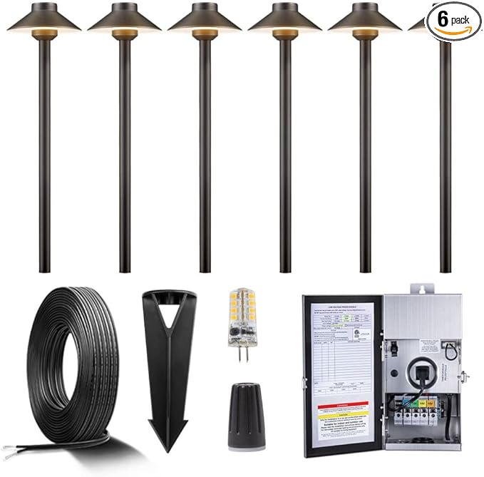 Gardenreet Brass Low Voltage Landscape Path Lights(6 Pack) Kit 12V LED with Low Voltage Transformer 150W and Mechanical Timer and 100FT Wire and 30Pack Connectors for Outdoor Yard Patio Driveway