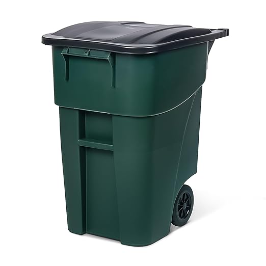 50-Gallon Rollout Trash Can with Lid, Commercial Heavy-Duty Container with Wheels, Green