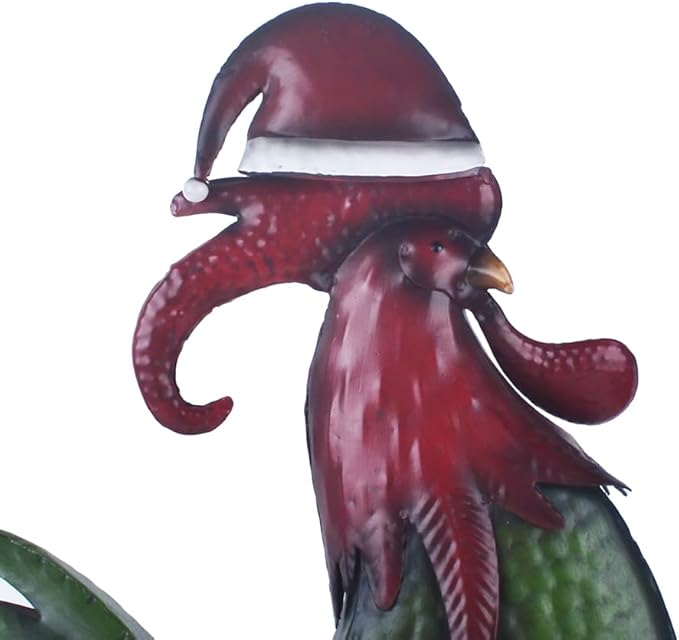 Rooster Statue Creative Chicken Animal Sculpture with Christmas Hat Garden Decoration Metal Yard Art for Patio Lawn Backyard Outdoor Indoor Decoration