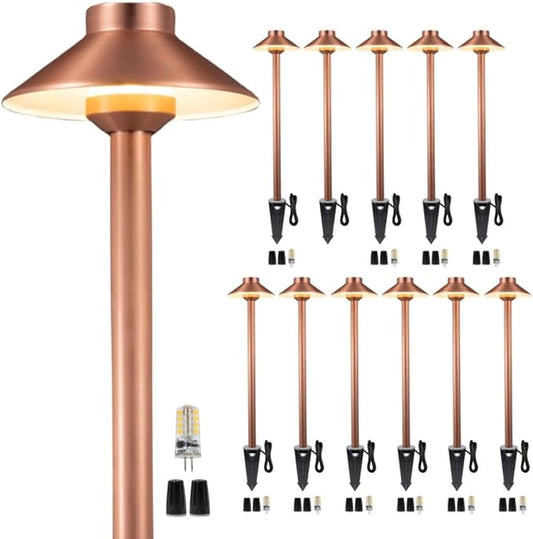 Gardenreet Brass 12V Path Lights Outdoor, IP65 Waterproof Low Voltage Landscape Pathway Lights(Hat) Copper for Walkway Driveway Garden Yard with 3W LED G4 Bulb 2700K Warm White(12 Pack)