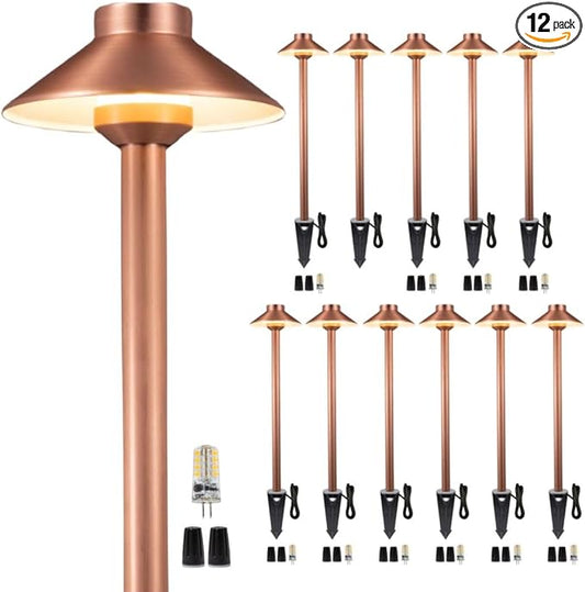 Gardenreet Waterproof Low Voltage Walkway Lights, Brass Copper Outdoor Pathway Light, IP65 LED Bronze Hat Top Sideway Lamp for Driveway Backyard Patio with 3W 270LM 4000K G4 Bulb 12 Pack