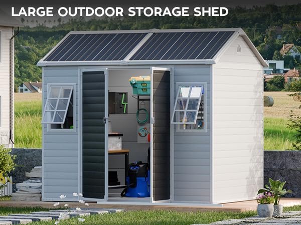 8x6 Shed, Heavy-Duty Outdoor Storage Shed with Floor, Waterproof Plastic Resin Garden Shed for Backyard, Tool Storage with Lockable Double Doors & Awning Windows