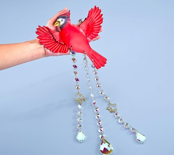 Red Cardinal Crystal Sun Catcher-Stained Glass Window Hanging Ornament with Rainbow Prism, Memorial Gift for Women, Handmade Bird Decor for Home Garden, Christmas Valentine Gift for mom(Red B)