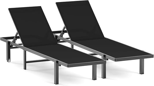 Patio Chaise Lounge Chair Set of 2, Outdoor Lounge Chairs with Wheels, 5-Position Adjustable Sun Loungers for Pool, Deck, Beach, Black
