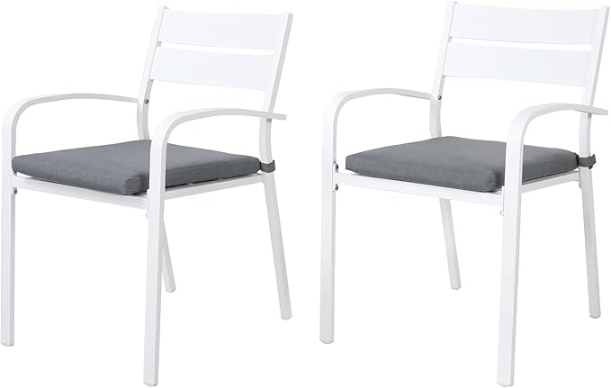 Soleil Jardin Outdoor Aluminum 2-Piece Patio Dining Chairs with Cushions, Stackable Bistro Chairs for Balcony, Garden, Backyard, White Finish & Grey Cushion