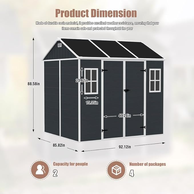 8x7 FT Resin Outdoor Storage Shed with Floor and Window, Outside Waterproof Plastic Garden Sheds w/Lockable Door & Vents, All-Weather Tool House for Patio, Backyard, Lawn, Dark Gray